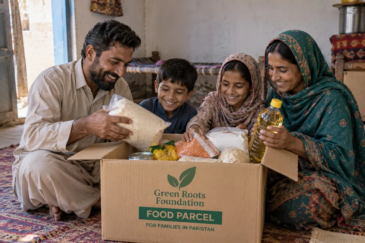 pakistani family opening food parcel