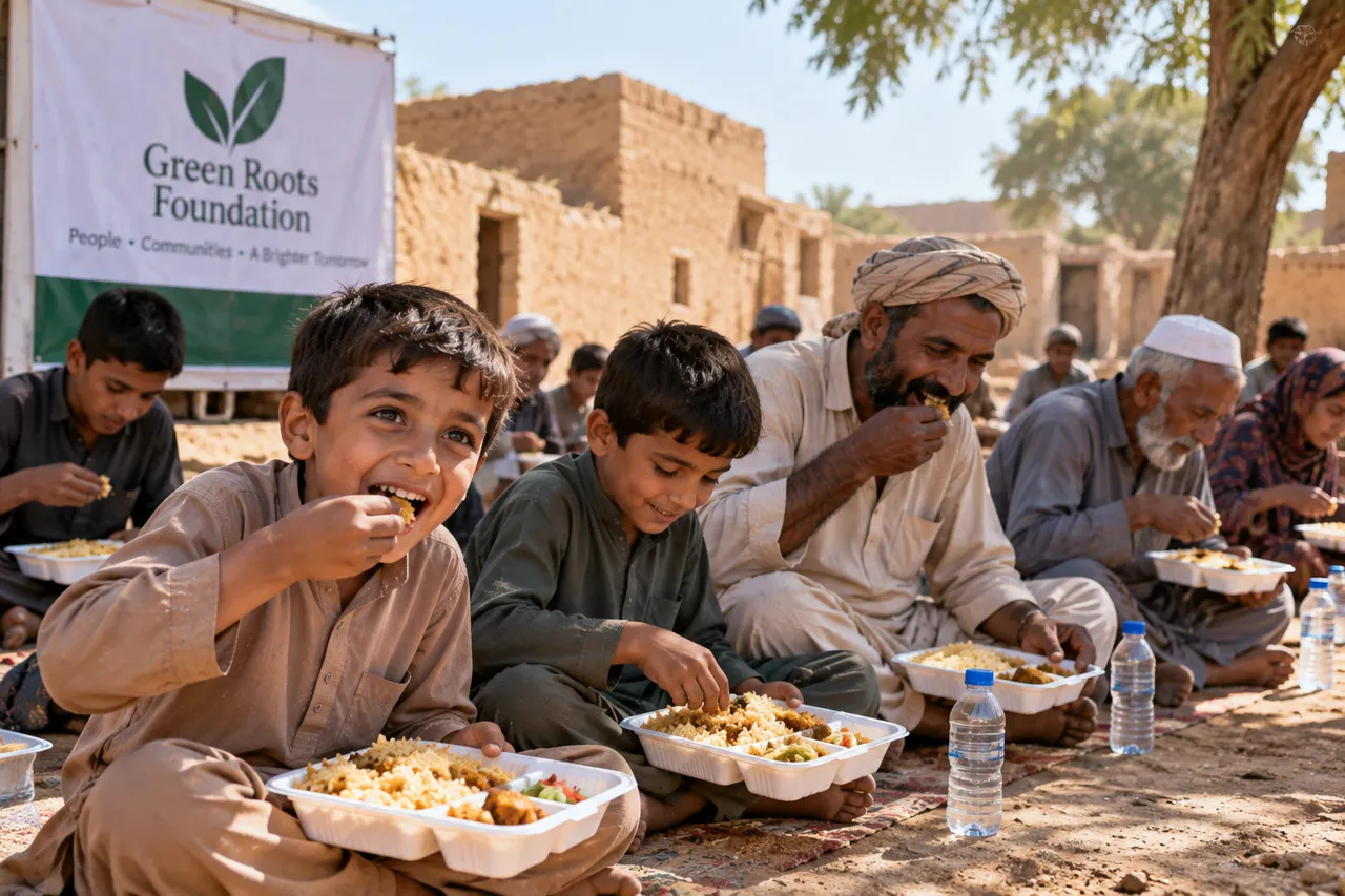 people eating meals provided by green roots foundation