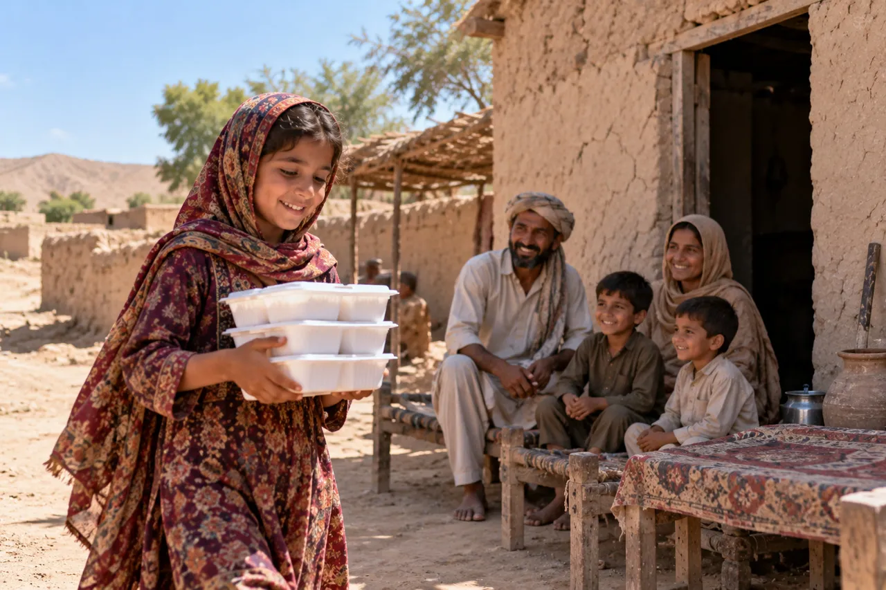 young girl taking meals to her family in pakistan